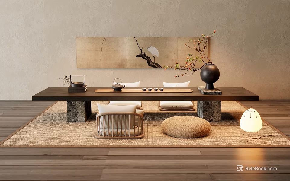 Traditional Tea Table and Chairs Interior with Decorative Painting Vase Branches and Natural Fiber Rug 3d model 