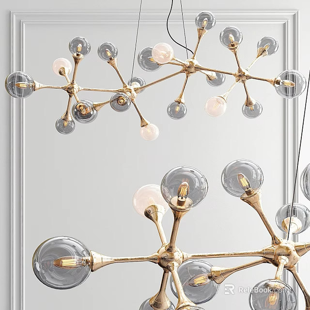 Modern Branch Like Chandelier With Brass Frame And Transparent Glass Bulbs 3d model 