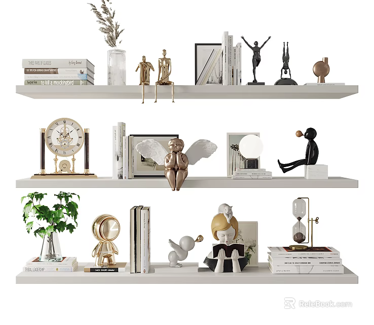 Elegant Decorative Ornament Combination On White Shelves With Books Statues Clock Plant And Hourglass 3d model 
