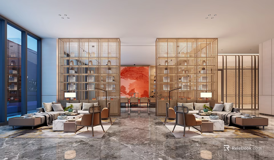 Luxurious Hotel Lobby With Wooden Bookshelves Red Accent Wall And Marble Flooring 3d model 