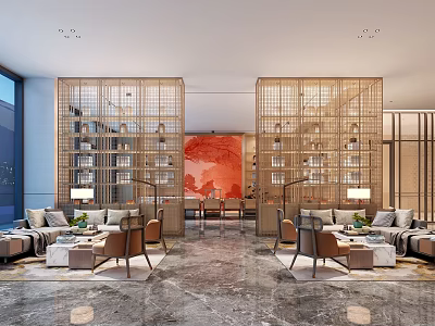 Luxurious Hotel Lobby With Wooden Bookshelves Red Accent Wall And Marble Flooring 3d model