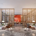 Luxurious Hotel Lobby With Wooden Bookshelves Red Accent Wall And Marble Flooring