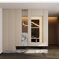 Modern Foyer Hallway Design With Beige Cabinets Marble Accent And Pendant Lights