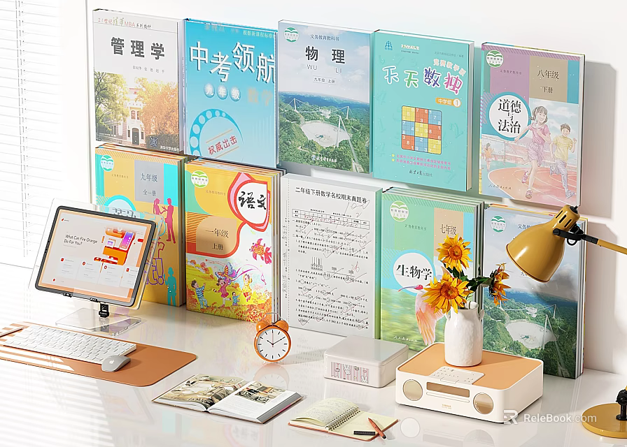 Educational Books For Various Subjects With Study Desk Lamp And Notebook 3d model