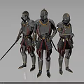 Three Armored Knights In Silver Armor With Red Gold Details And Swords