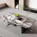 Modern Marble Coffee Table on Striped Rug with Green Apples Books Glass Vase and Plant