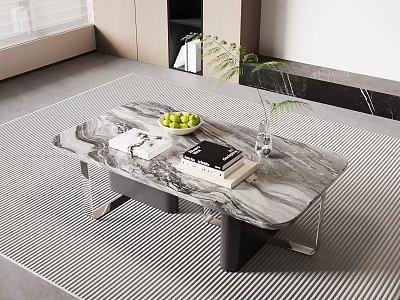 Modern Marble Coffee Table on Striped Rug with Green Apples Books Glass Vase and Plant 3d model