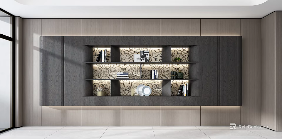 Modern Elegant Display Cabinet With Open Shelves And Decorative Books Vases Ornaments 3d model 