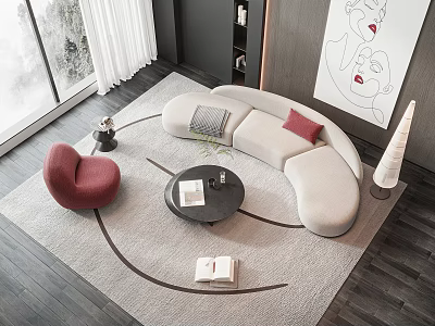 Modern Living Room Curved Sofa And Round Coffee Table Set With Pillows And Rug 3d model