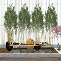 Japanese Tea Room Featuring Tea Table Chairs Green Plants And Pink Flowering Tree