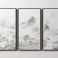 Three Panel Traditional Ink Landscape Paintings With Mountains Water And Flying Birds
