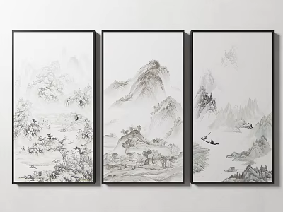 Three Panel Traditional Ink Landscape Paintings With Mountains Water And Flying Birds 3d model
