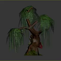 Weeping Willow Tree with Brown Trunk Green Hanging Branches and Colorful Parrot Perched