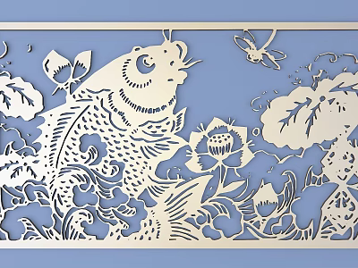 Detailed Intricate Carving Artwork With Carp Lotus Butterfly And Dragonfly on Blue Background 3d model