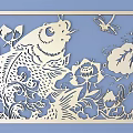 Detailed Intricate Carving Artwork With Carp Lotus Butterfly And Dragonfly on Blue Background