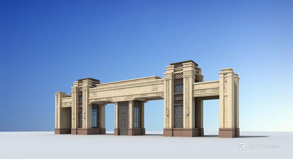 Grand Classical Stone Entrance Gate With Symmetrical Columns Arched Design And Ornate Details 3d model 