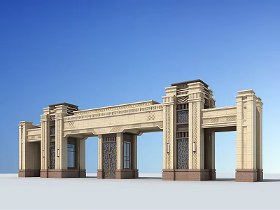 Grand Classical Stone Entrance Gate With Symmetrical Columns Arched Design And Ornate Details 3d model