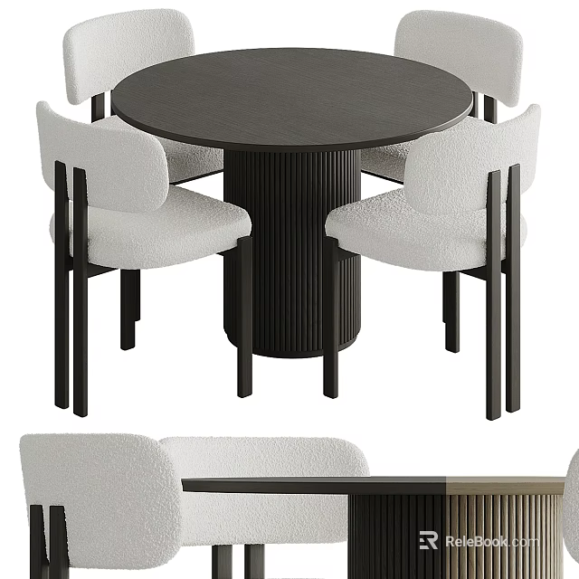 Modern Round Table and Chair Set with White Upholstered Seats and Black Frame 3d model 