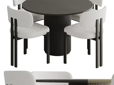 Modern Round Table and Chair Set with White Upholstered Seats and Black Frame 3d model