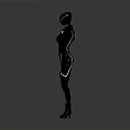 3D Character In Black Bodysuit With Black Helmet And Arms Outstretched On Gray Background