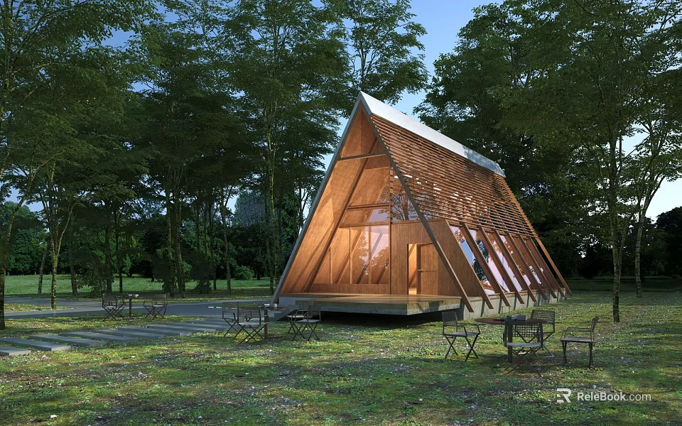Triangular Roof Wooden House Surrounded by Trees with Outdoor Seating and Natural Light 3d model 