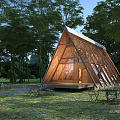 Triangular Roof Wooden House Surrounded by Trees with Outdoor Seating and Natural Light
