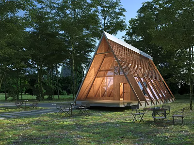 Triangular Roof Wooden House Surrounded by Trees with Outdoor Seating and Natural Light 3d model