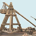 Ancient Wooden Catapult War Weapon With Wheels And Stone Projectiles For Medieval Battles