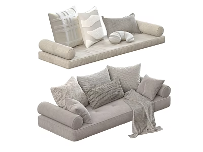 Soft Neutral Decorative Pillows on Modern Beige Sofa with Gray Throw Blanket 3d model