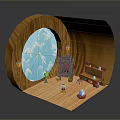 Cozy Rustic Wooden Interior Featuring Blue Circular Window Stone Fireplace Wooden Table And Chair
