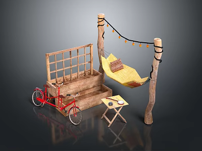 Outdoor Leisure Setup With Red Bicycle Wooden Steps Hammock Posts And Table 3d model