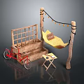 Outdoor Leisure Setup With Red Bicycle Wooden Steps Hammock Posts And Table