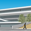 Modern Building Exterior With Glass Curtain Wall Water Pool Stairs And Tree