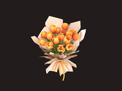 Fresh Orange Tulips Bouquet Wrapped in White Paper With Yellow Ribbon Decoration 3d model