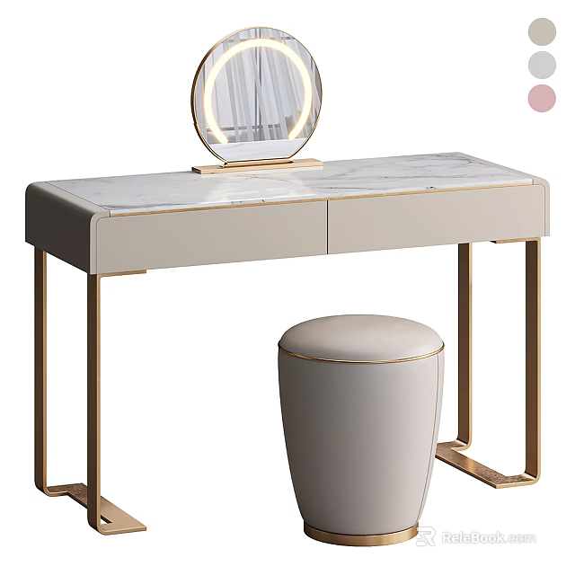 Modern Elegant Vanity Table With Round Mirror Marble Top Gold Frame And Matching Stool 3d model