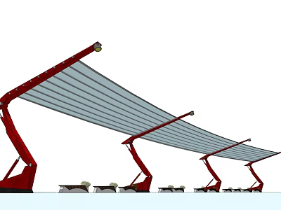 Outdoor Pergola Design With Red Support Structures And Gray Canopy For Seating 3d model