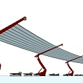Outdoor Pergola Design With Red Support Structures And Gray Canopy For Seating