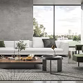 Modern Living Room Interior With Gray Walls Large Artwork White Sofa And Floor To Ceiling Windows