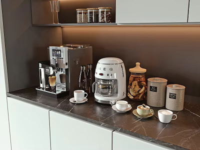 Modern Kitchen Black Marble Countertop With Coffee Machine Blender Jars Cups And Cabinets 3d model