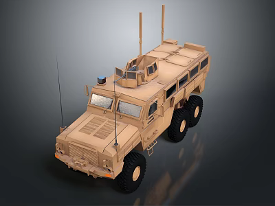 Sand Colored Armored Military Vehicle With Multiple Antennas Turret And Six Wheels 3d model