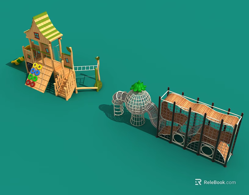 Colorful Playground Equipment With Wooden Playhouse Elephant Climbing Frame And Net Cage 3d model 