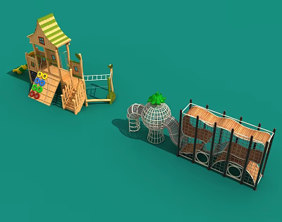 Colorful Playground Equipment With Wooden Playhouse Elephant Climbing Frame And Net Cage 3d model