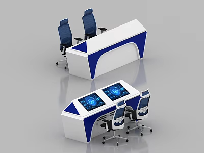 Monitoring Room Setup With White And Blue Console Chairs And Digital Screens 3d model