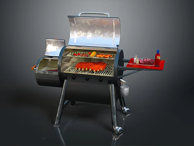 Outdoor Portable Grill With Food On Grill Grates Side Tray Holding Sauce Bottles 3d model