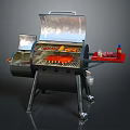 Outdoor Portable Grill With Food On Grill Grates Side Tray Holding Sauce Bottles