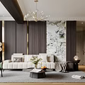 Elegant Living Room Interior With Large TV Fireplace Chandelier And Green Chair Coffee Table
