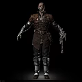 Man Wearing Brown Leather Armor With Metal Decorations Arm Guards Leg Wraps And Chain Accessory