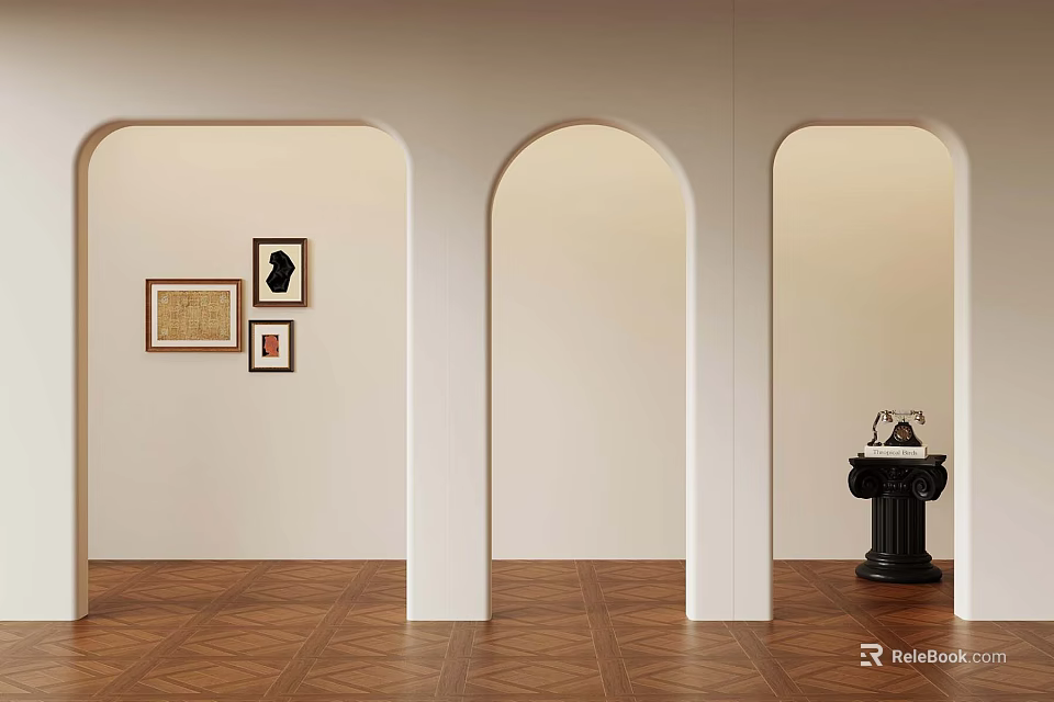 Interior With Three Arched Doorways Wall Paintings Brown Wooden Floor And Black Base Table Lamp 3d model 