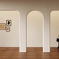Interior With Three Arched Doorways Wall Paintings Brown Wooden Floor And Black Base Table Lamp