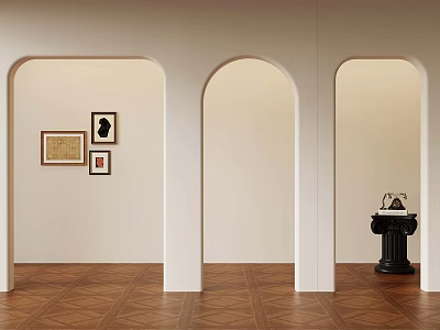Interior With Three Arched Doorways Wall Paintings Brown Wooden Floor And Black Base Table Lamp 3d model